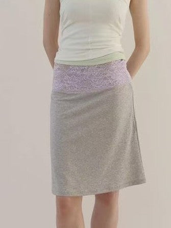 Boho Lace-Waistband A-Line Midi Skirt - Grey