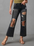 High Rise Knee Cutout Straight Jeans - Black