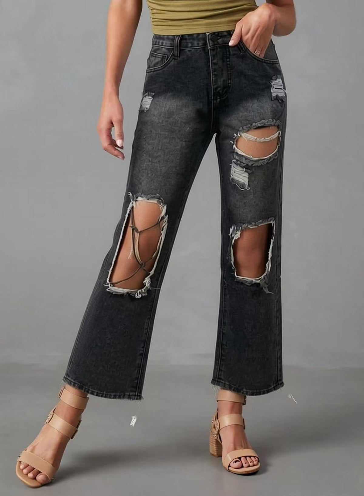 High Rise Knee Cutout Straight Jeans - Black