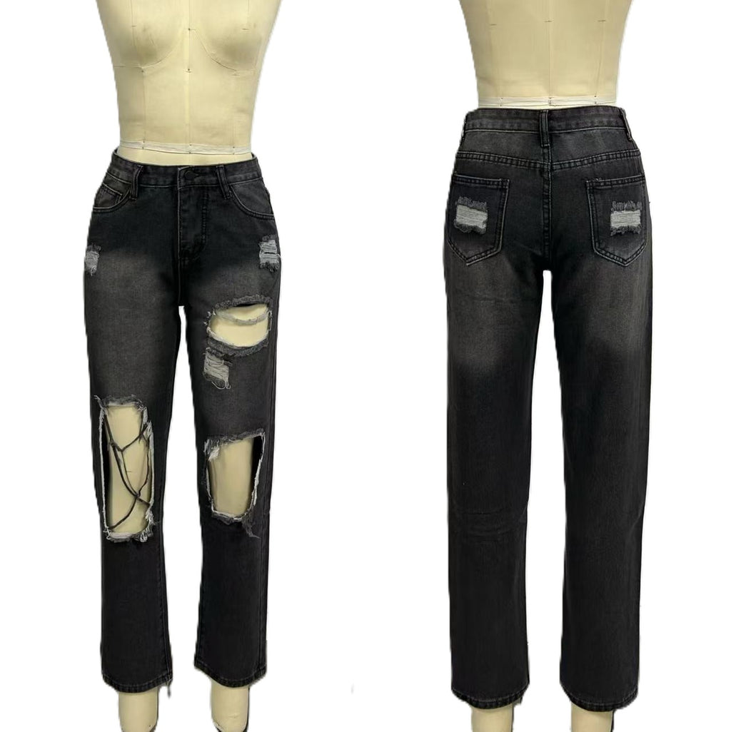 High Rise Knee Cutout Straight Jeans - Black - 1