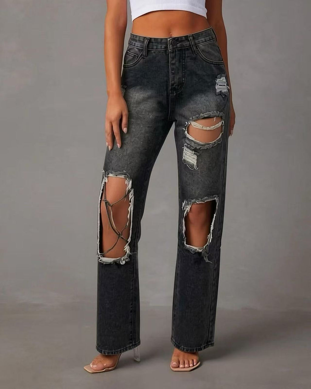 High Rise Knee Cutout Straight Jeans - Black - 2