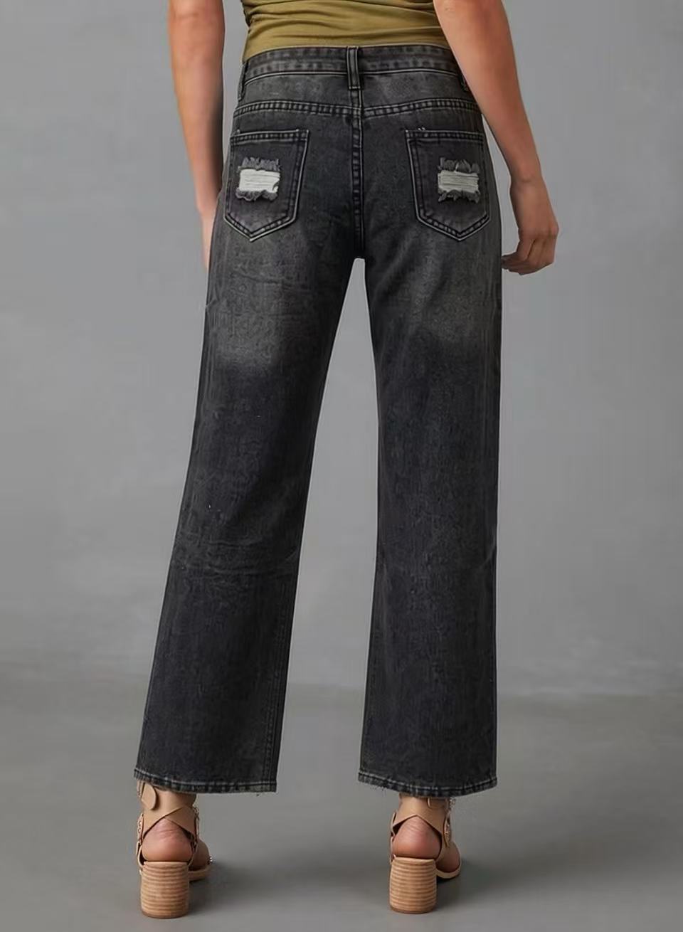 High Rise Knee Cutout Straight Jeans - Black - 3