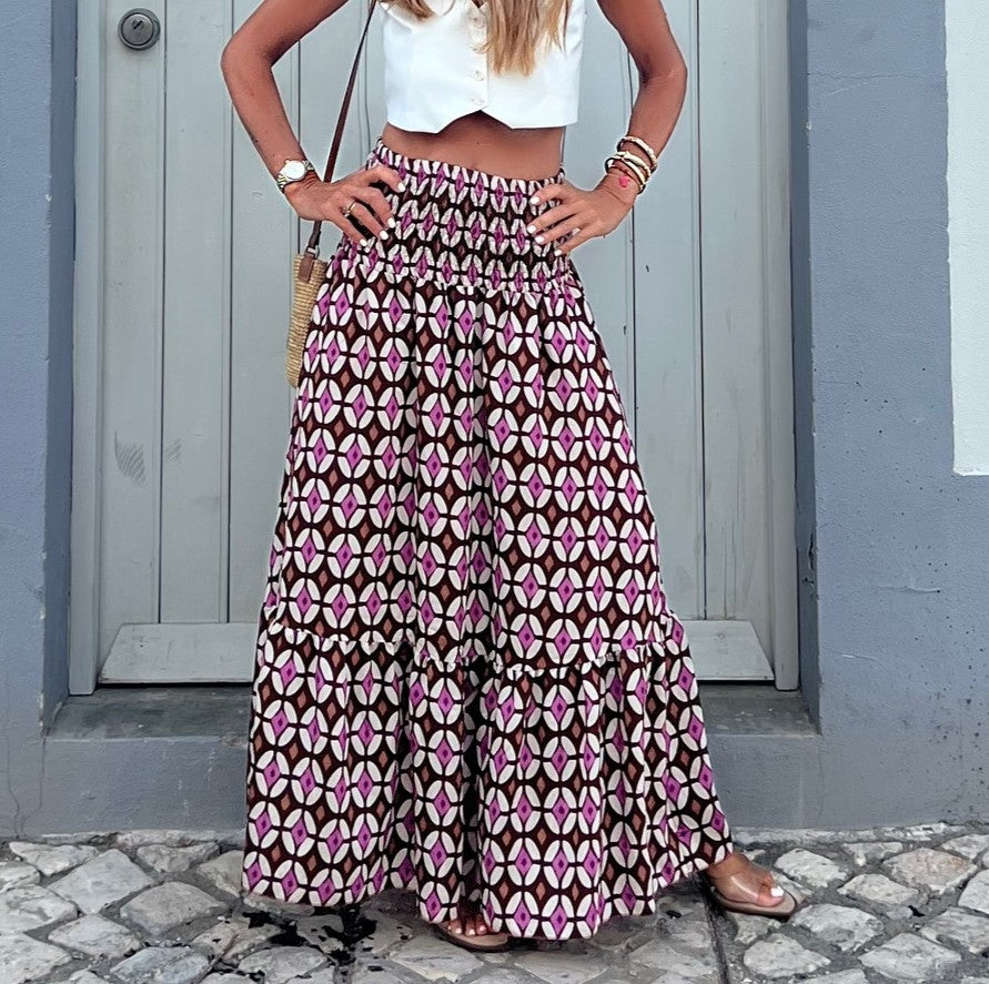 Geo Print Smocked Waist Tiered Maxi Skirt - Purple