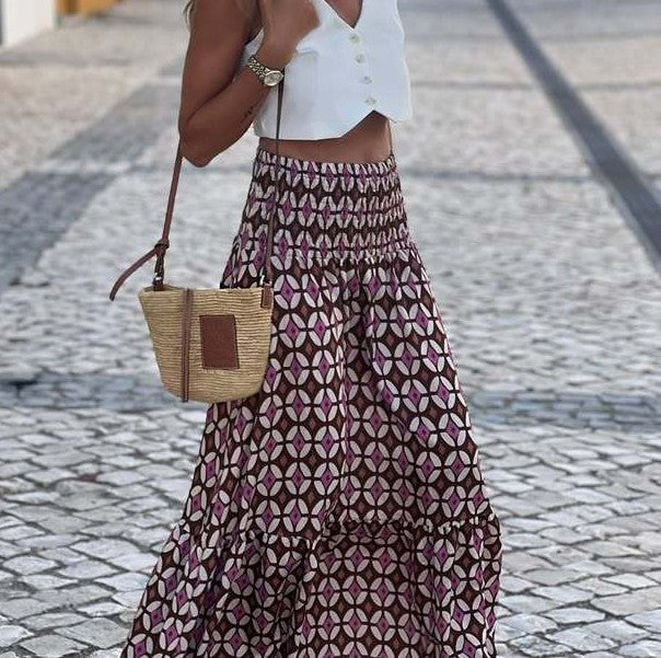 Geo Print Smocked Waist Tiered Maxi Skirt - Purple - 1