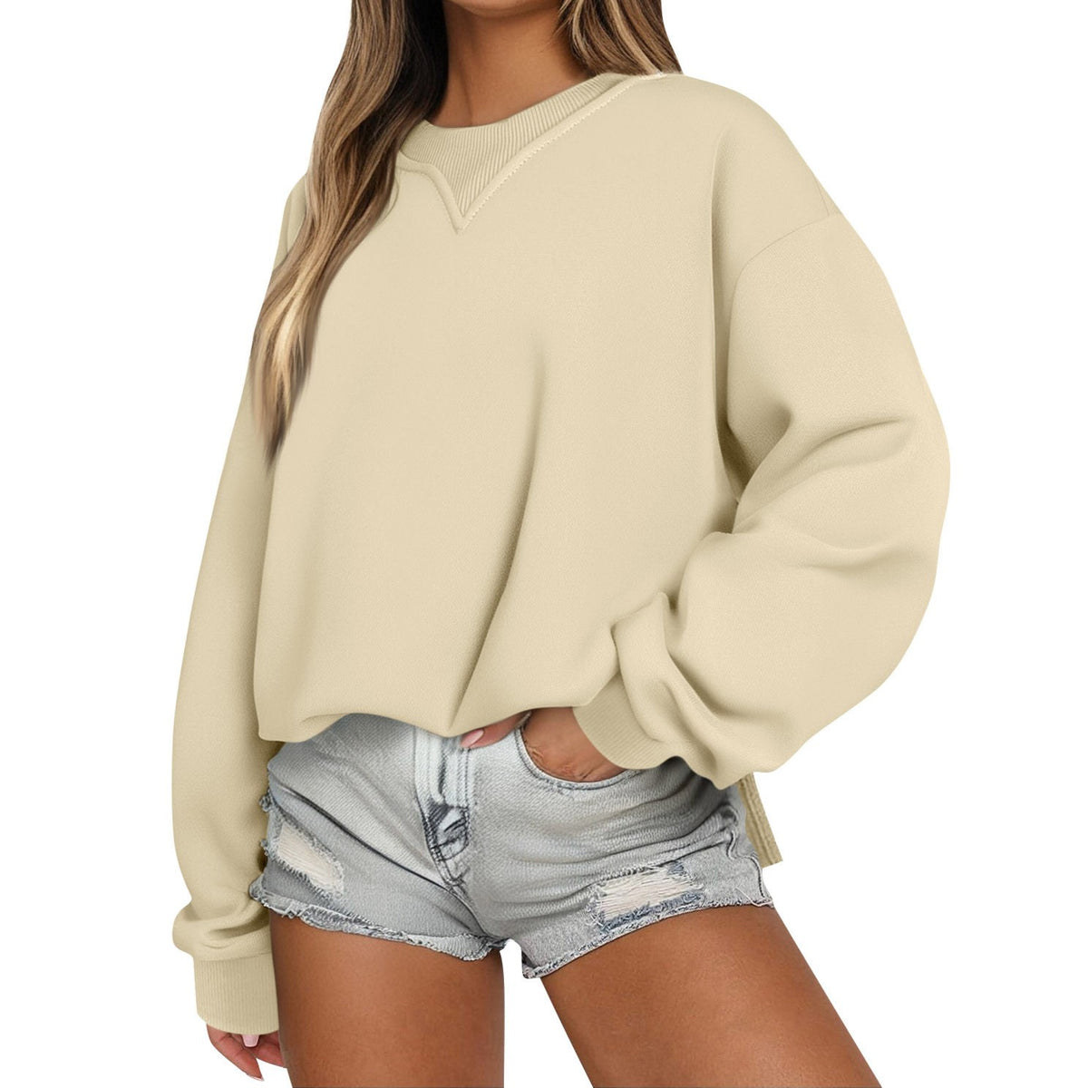 Slouchy Crewneck Sweatshirt With Side Slits - Apricot