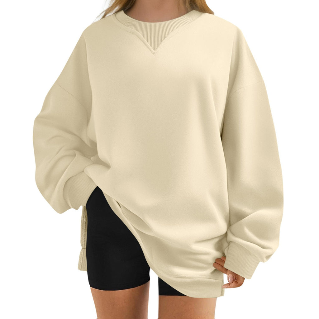 Slouchy Crewneck Sweatshirt With Side Slits - Apricot - 1