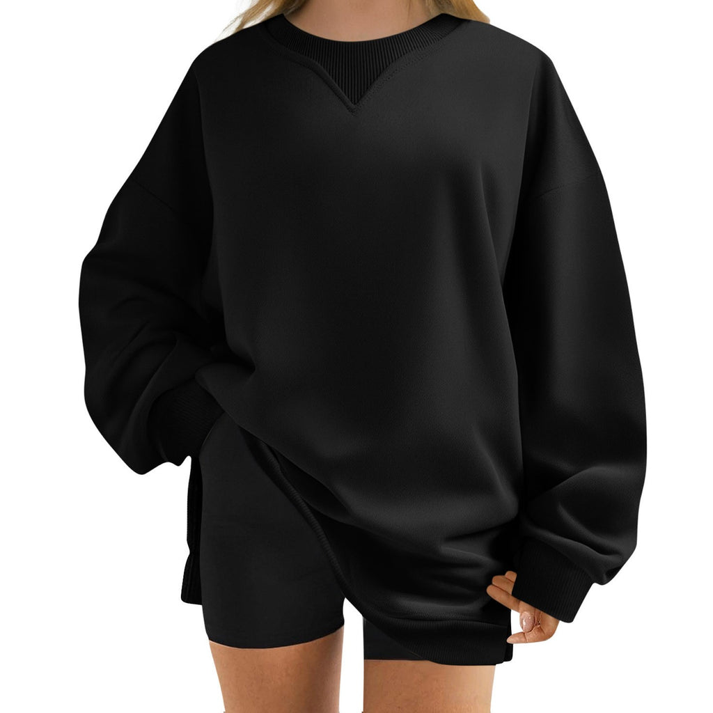 Slouchy Crewneck Sweatshirt With Side Slits - Black