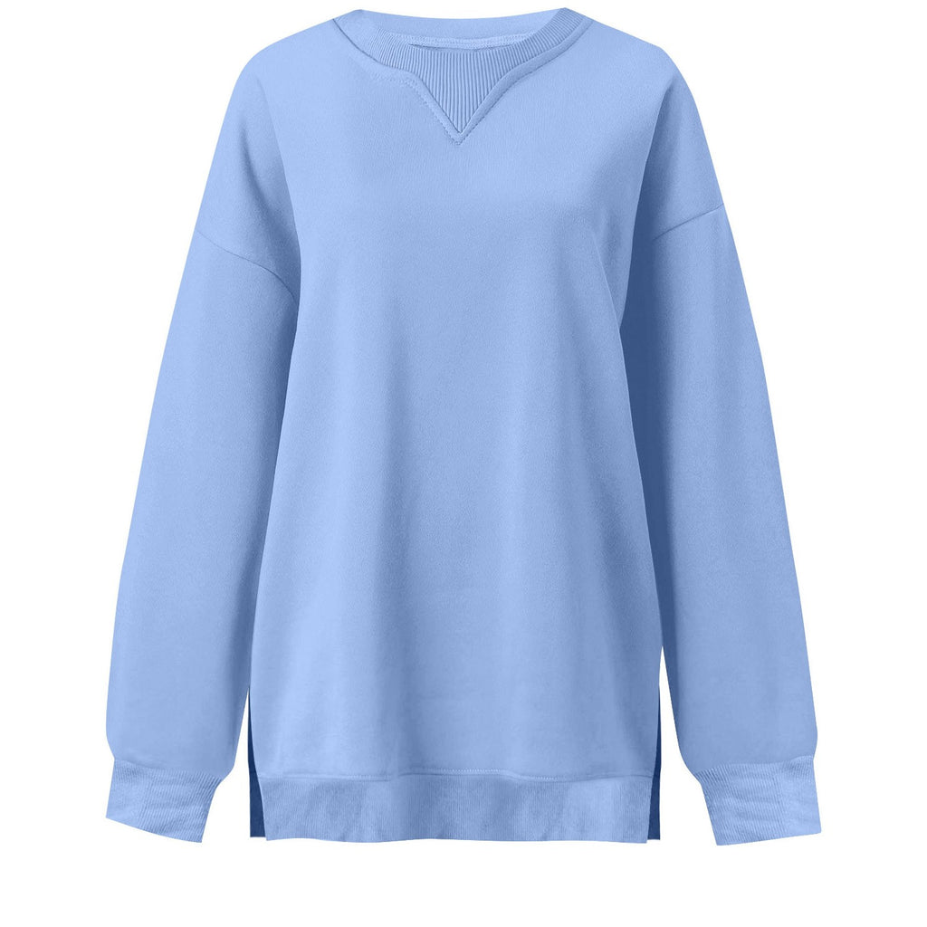 Slouchy Crewneck Sweatshirt With Side Slits - Blue - 1