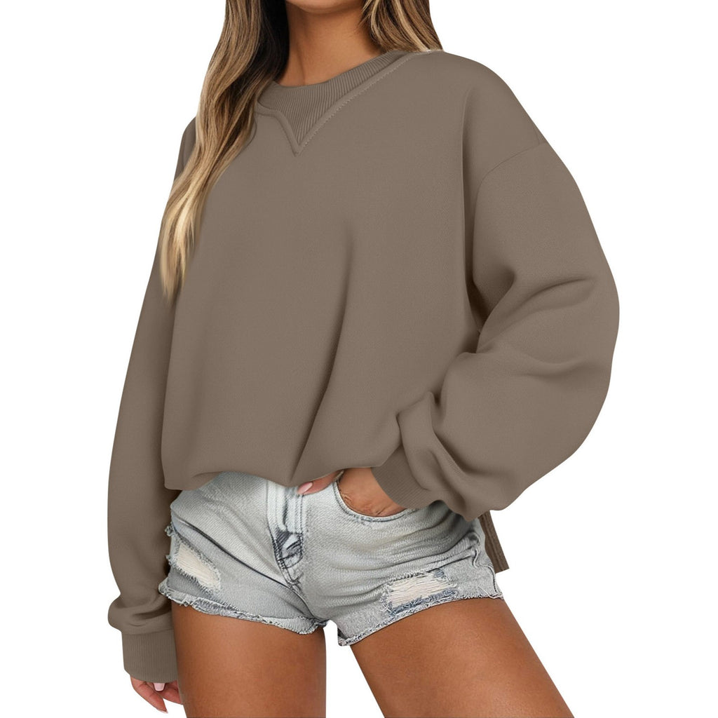 Slouchy Crewneck Sweatshirt With Side Slits - Brown