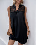Lace Yoke Sleeveless Shift Mini Dress - Black