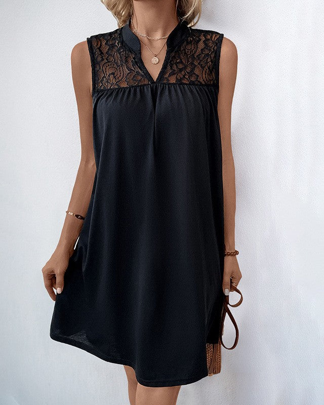 Lace Yoke Sleeveless Shift Mini Dress - Black - 1