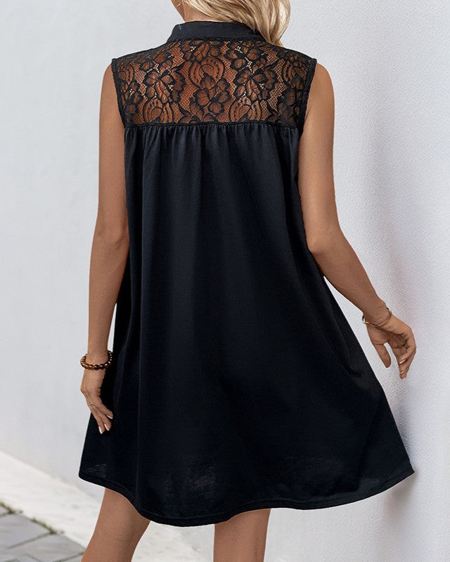 Lace Yoke Sleeveless Shift Mini Dress - Black - 4