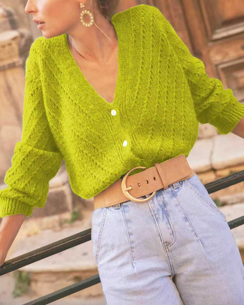 Pointelle Knit Cardigan With Deep V Neck - Avocado
