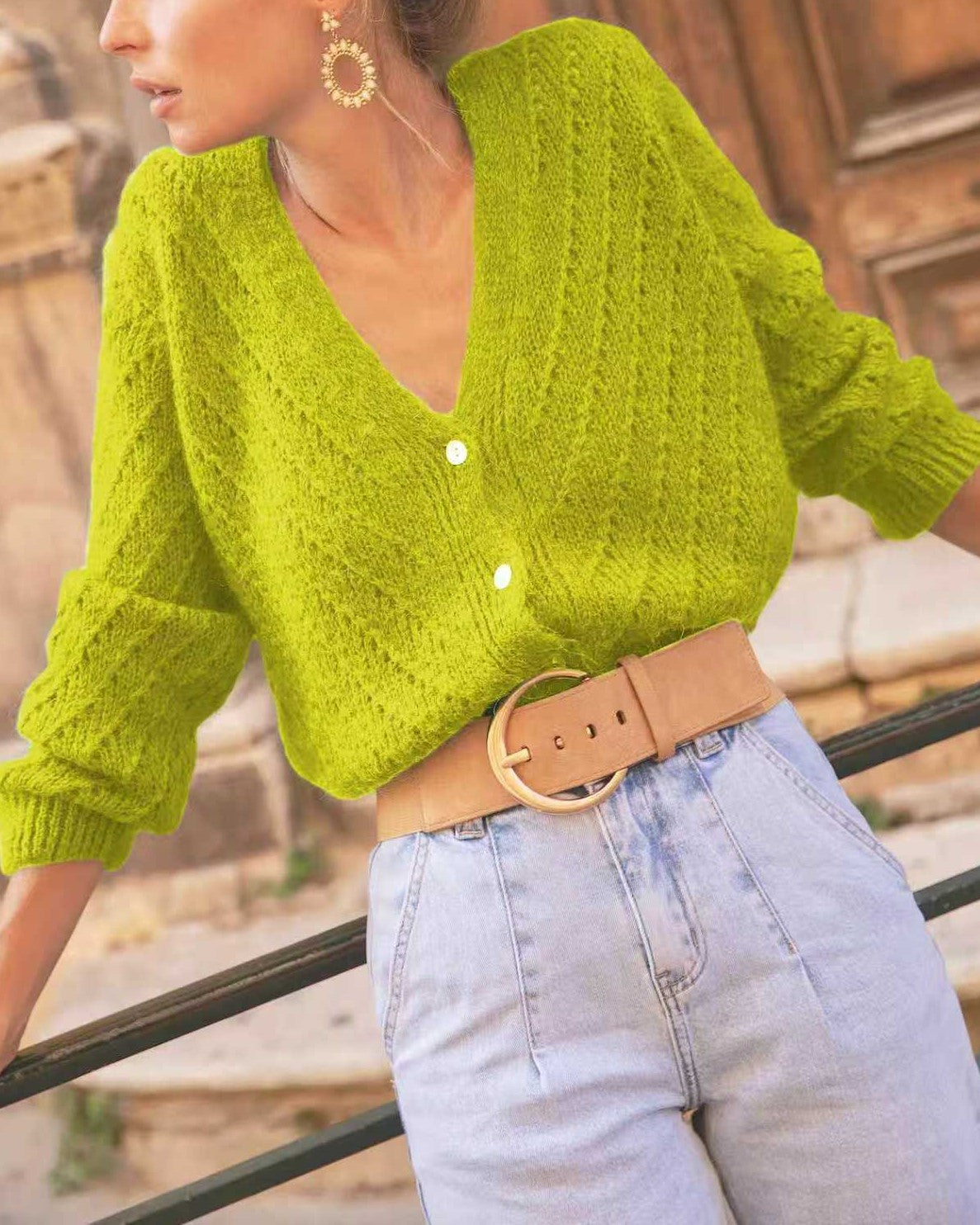 Pointelle Knit Cardigan With Deep V Neck - Avocado