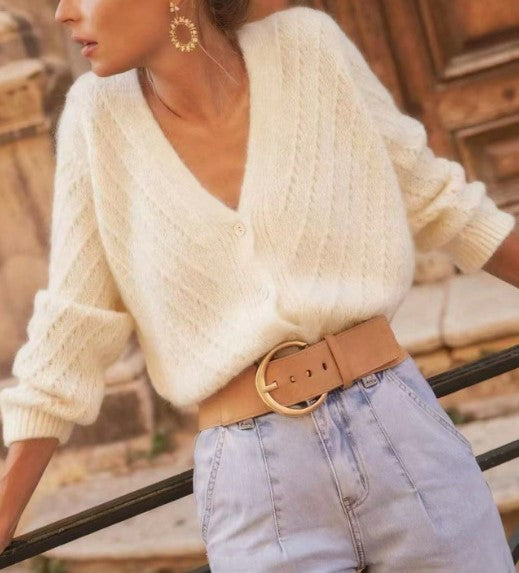Pointelle Knit Cardigan With Deep V Neck - Beige