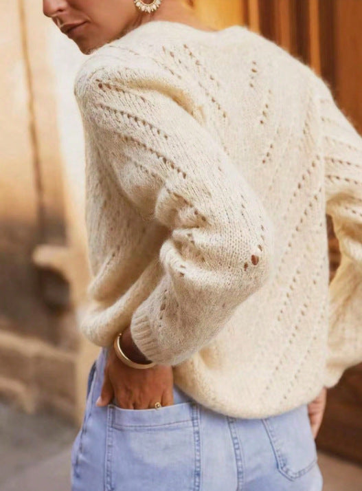Pointelle Knit Cardigan With Deep V Neck - Beige - 1