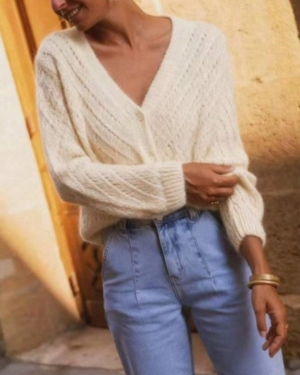 Pointelle Knit Cardigan With Deep V Neck - Beige - 2