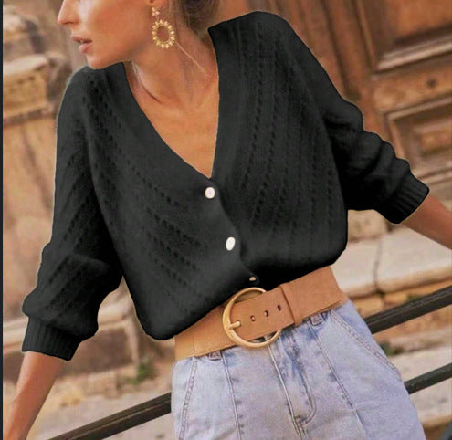 Pointelle Knit Cardigan With Deep V Neck - Black