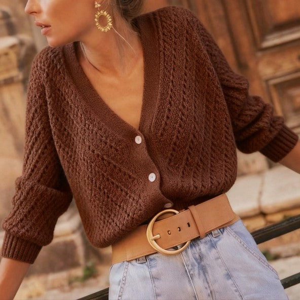Pointelle Knit Cardigan With Deep V Neck - Brown