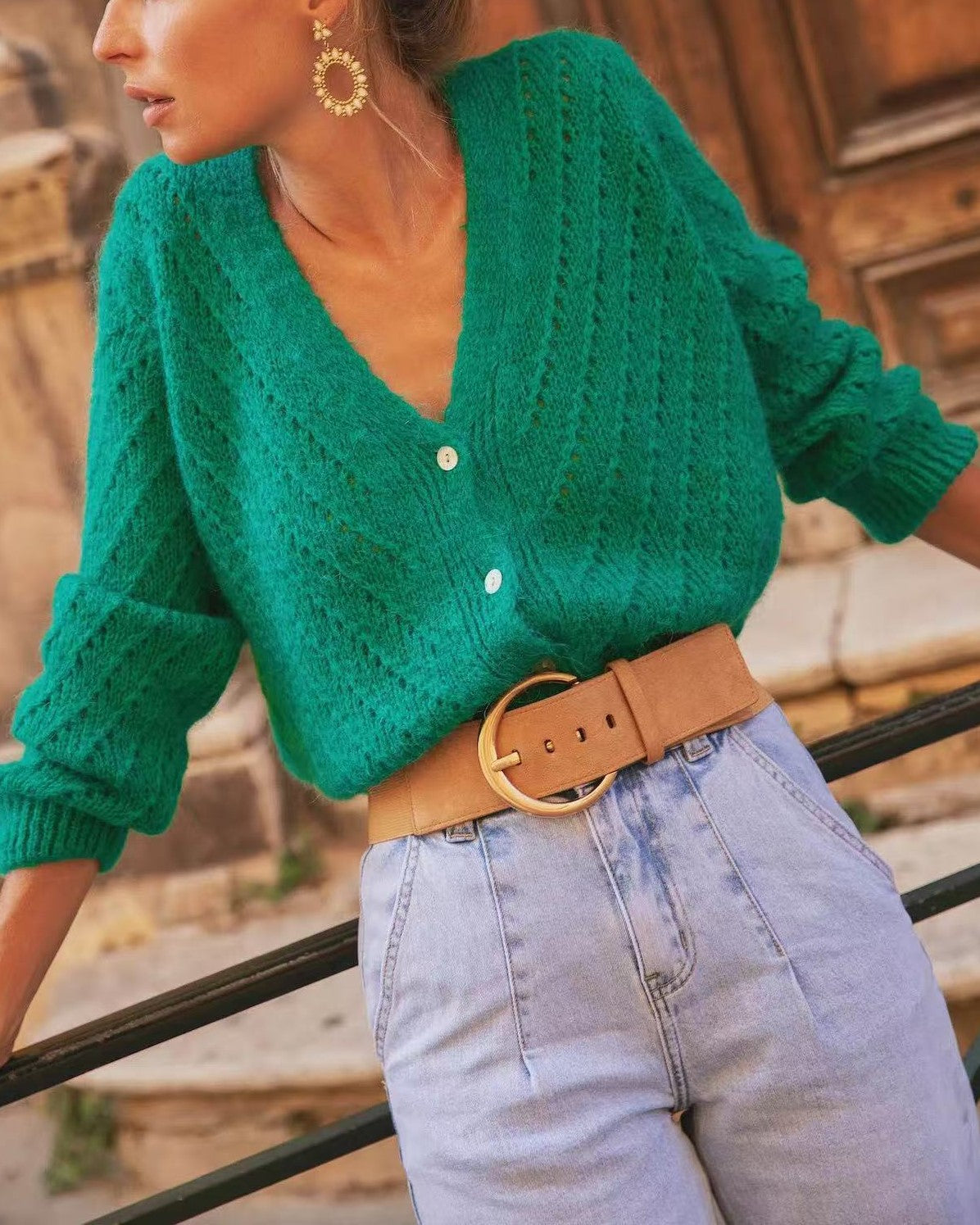Pointelle Knit Cardigan With Deep V Neck - Green
