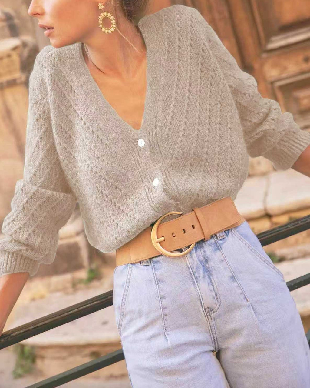 Pointelle Knit Cardigan With Deep V Neck - Grey