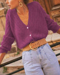 Pointelle Knit Cardigan With Deep V Neck - Purple