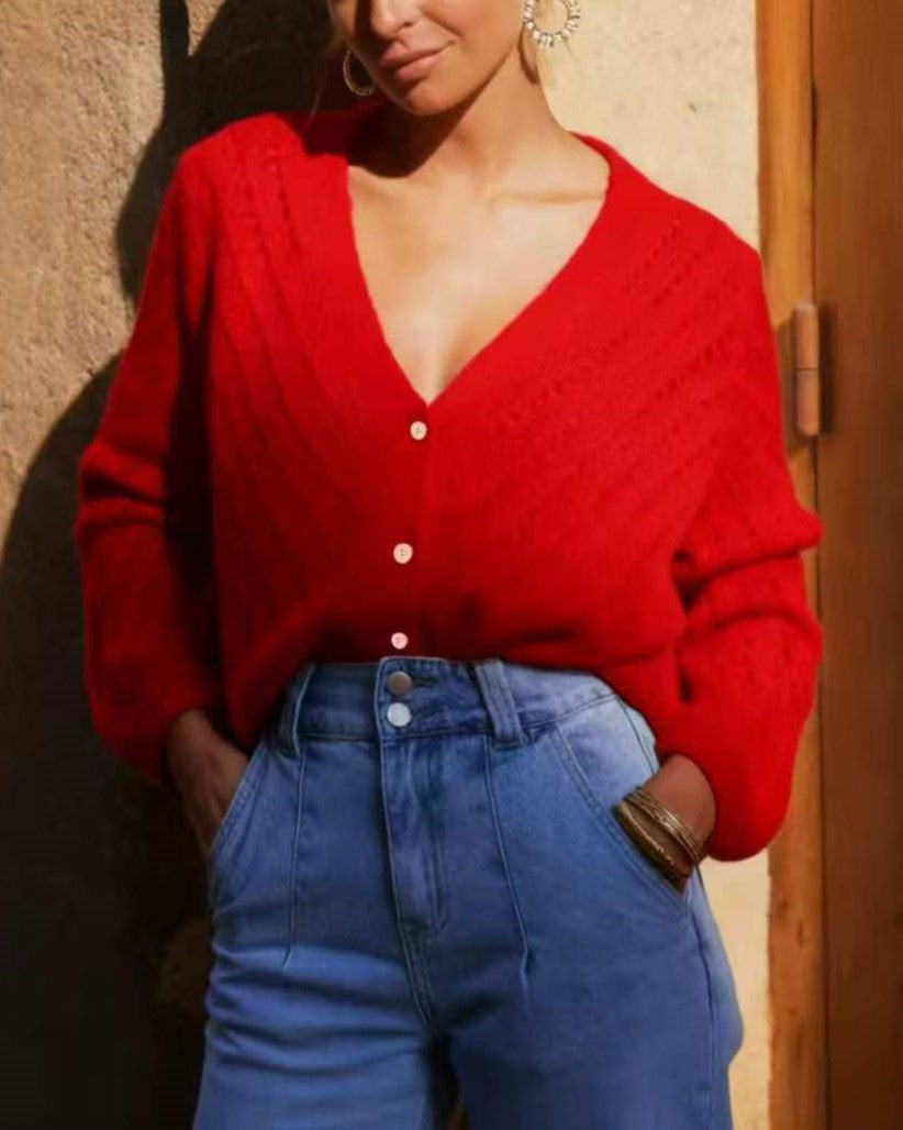 Pointelle Knit Cardigan With Deep V Neck - Red