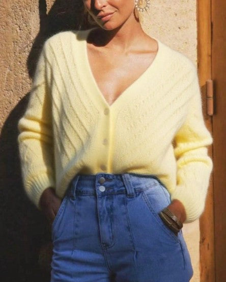 Pointelle Knit Cardigan With Deep V Neck - Yellow - 1