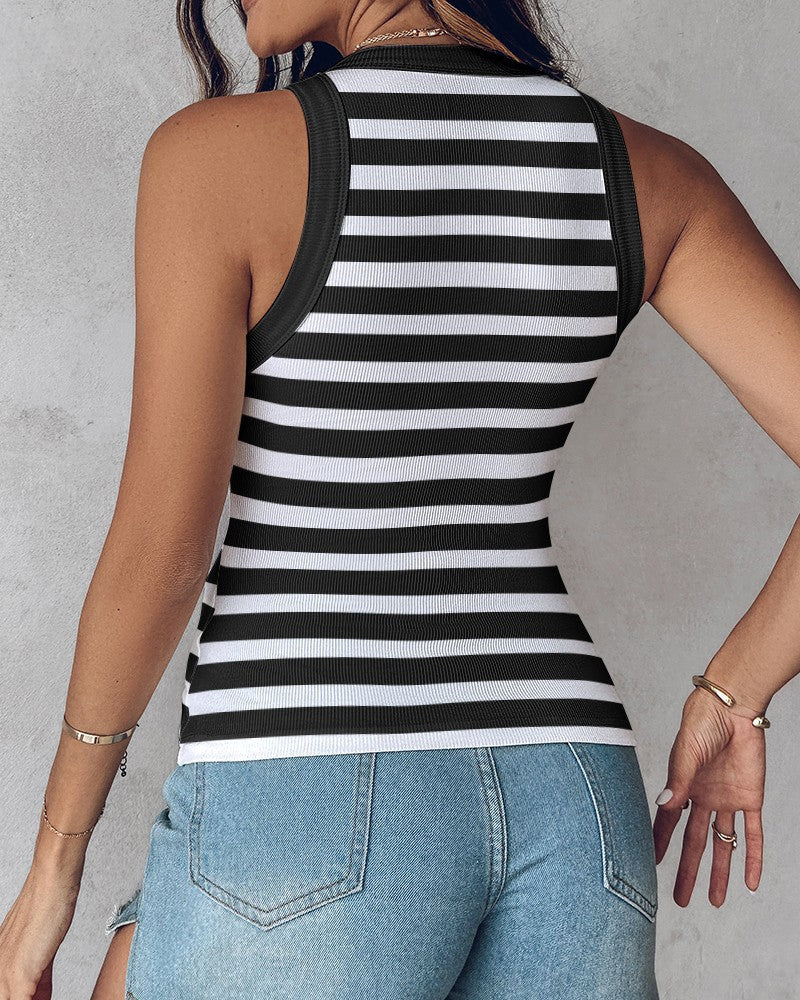 Striped Rib Knit Tank With Shelf Bra - Black