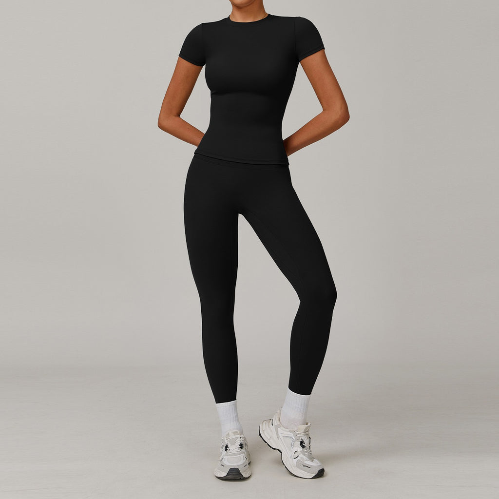 Brushed Fitted Short Sleeve Tee Workout Set - Black Leggings
