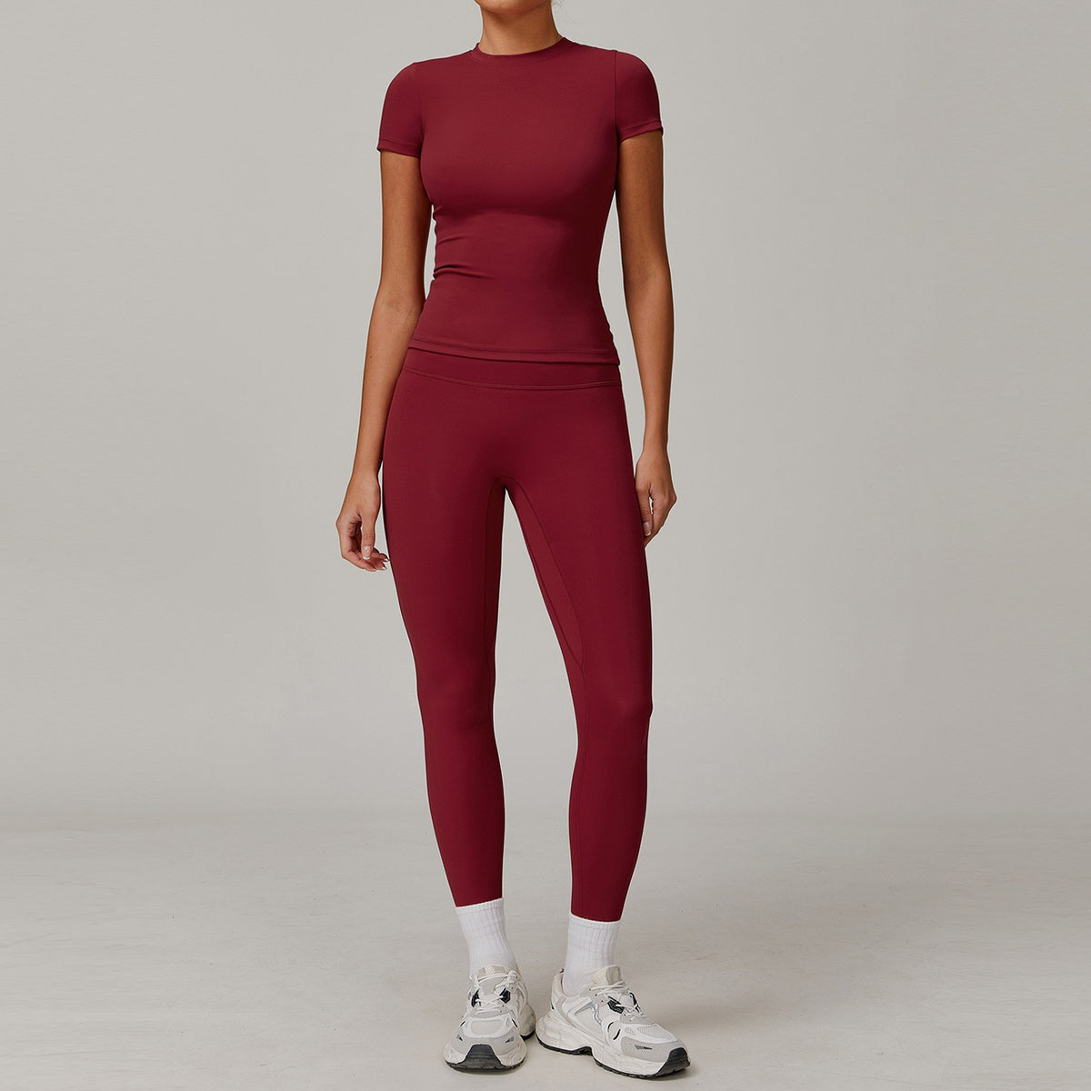 Brushed Fitted Short Sleeve Tee Workout Set - Cherry Leggings