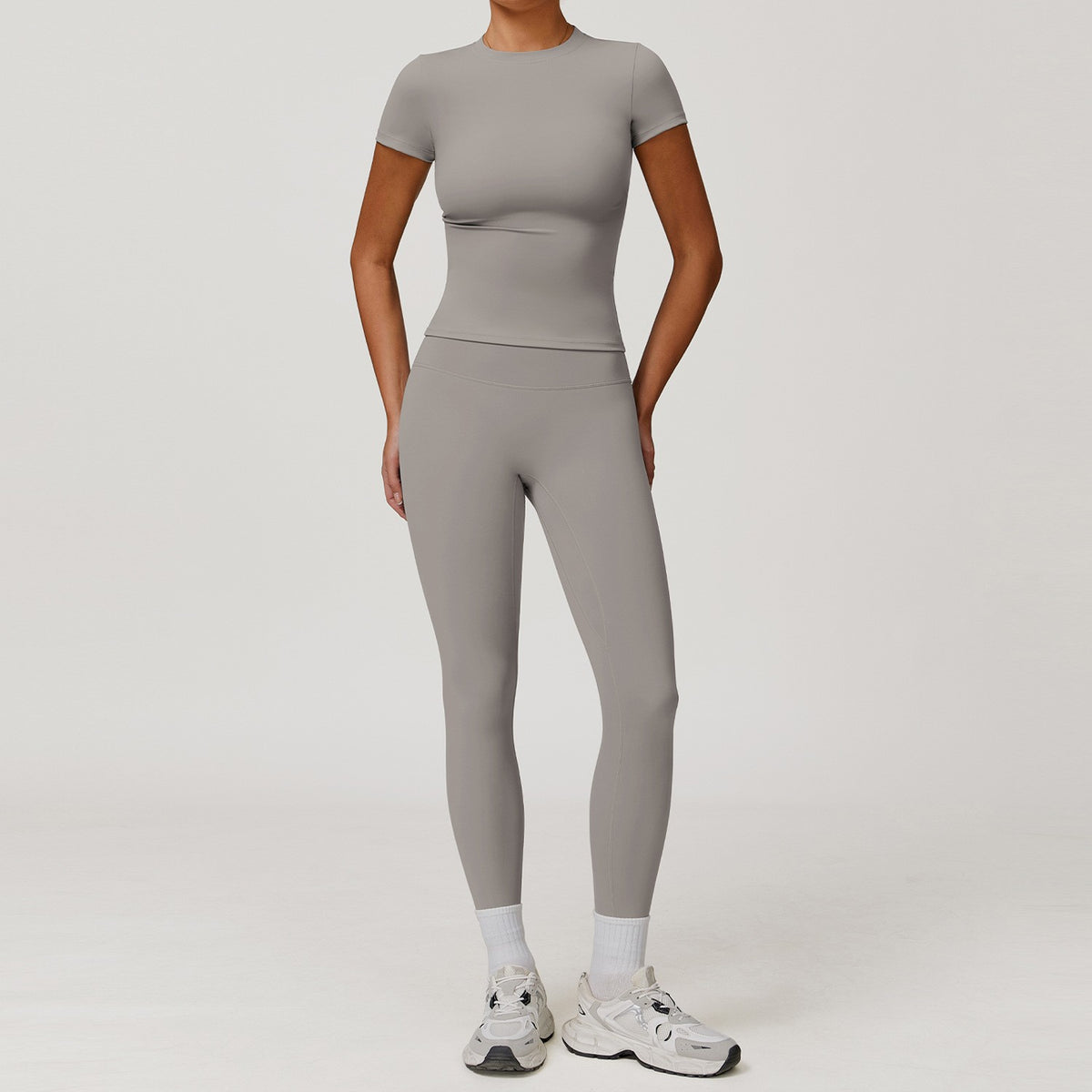 Brushed Fitted Short Sleeve Tee Workout Set - Frost Gray Leggings