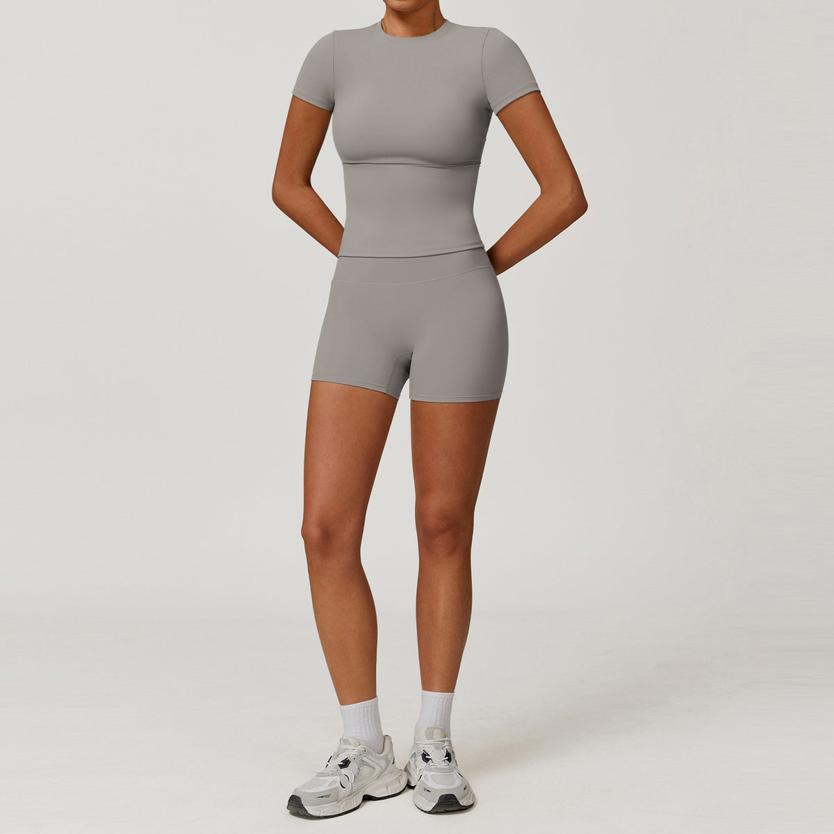 Brushed Fitted Short Sleeve Tee Workout Set - Frost Gray Shorts