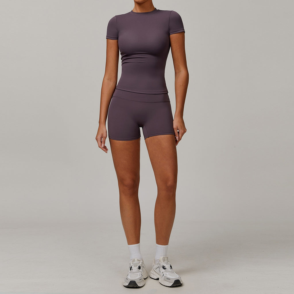 Brushed Fitted Short Sleeve Tee Workout Set - Mauve Shorts