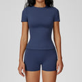 Brushed Fitted Short Sleeve Tee Workout Set - Navy Shorts