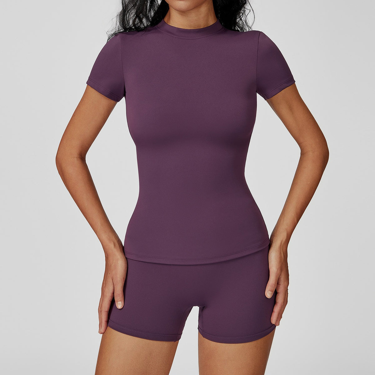 Brushed Fitted Short Sleeve Tee Workout Set - Plum Shorts