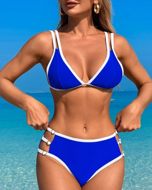 Contrast Trim Strappy Side High Waist Bikini - Blue