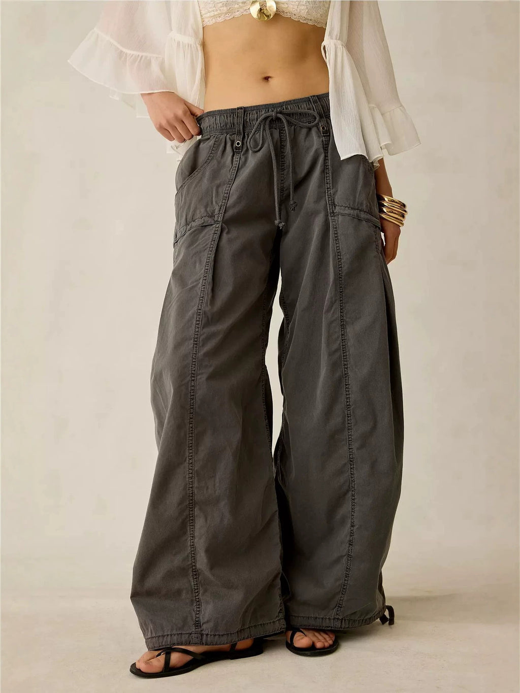 Wide Leg Drawstring Cargo Parachute Pants - Black