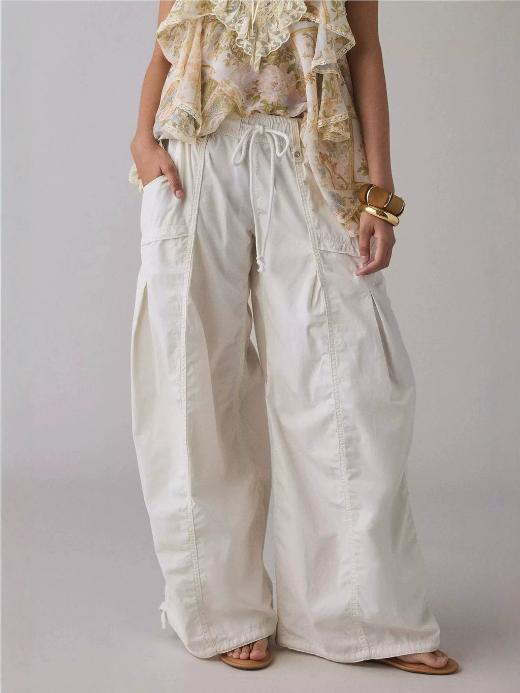 Wide Leg Drawstring Cargo Parachute Pants - White