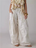 Wide Leg Drawstring Cargo Parachute Pants - White