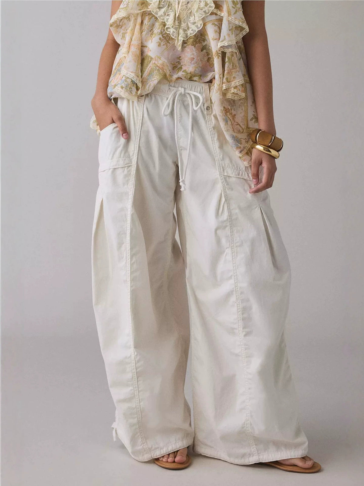 Wide Leg Drawstring Cargo Parachute Pants - White
