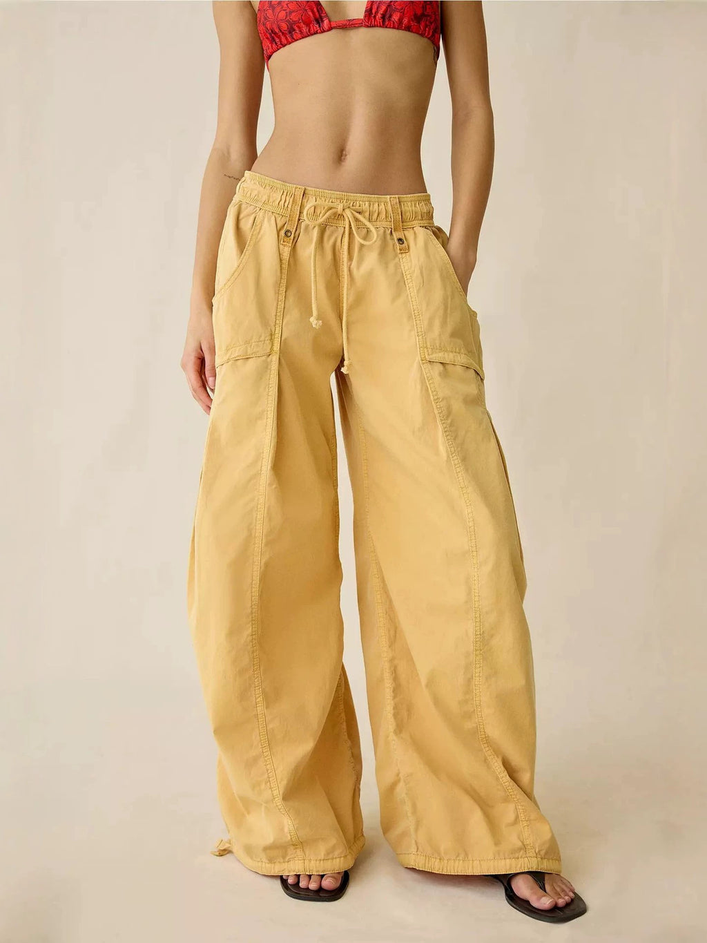 Wide Leg Drawstring Cargo Parachute Pants - Yellow