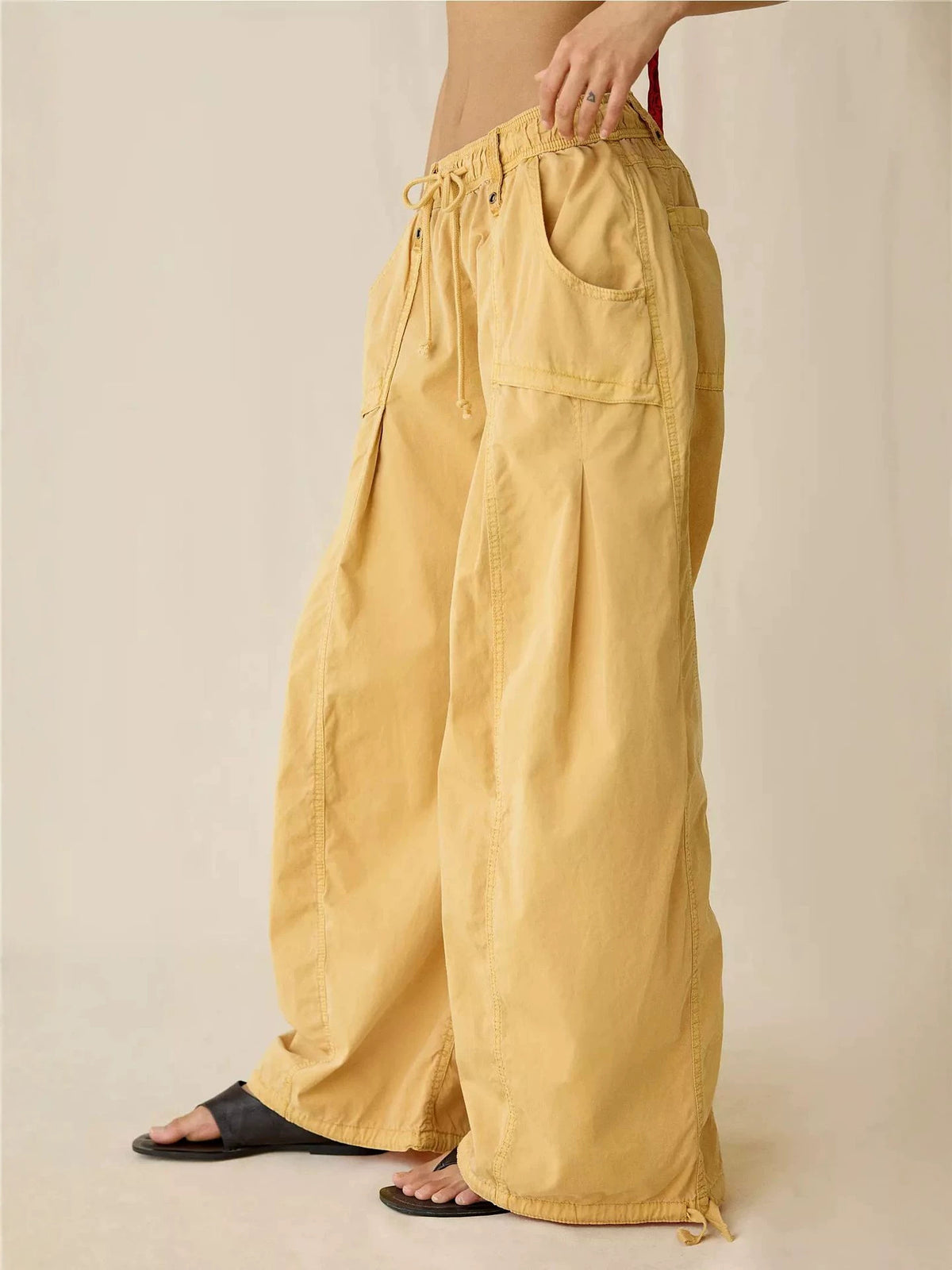 Wide Leg Drawstring Cargo Parachute Pants - Yellow - 1