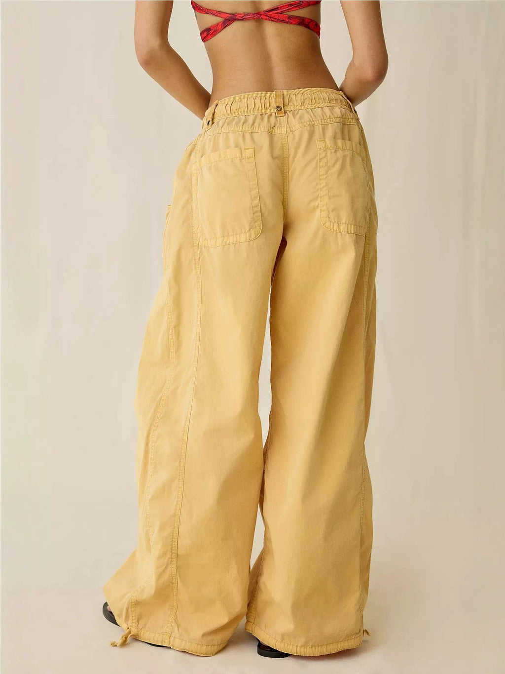 Wide Leg Drawstring Cargo Parachute Pants - Yellow - 2