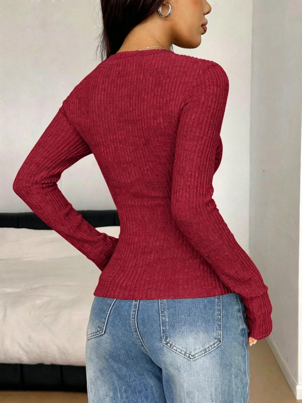 Ribbed Knit Henley Blouse With Lace Trim - Red - 1