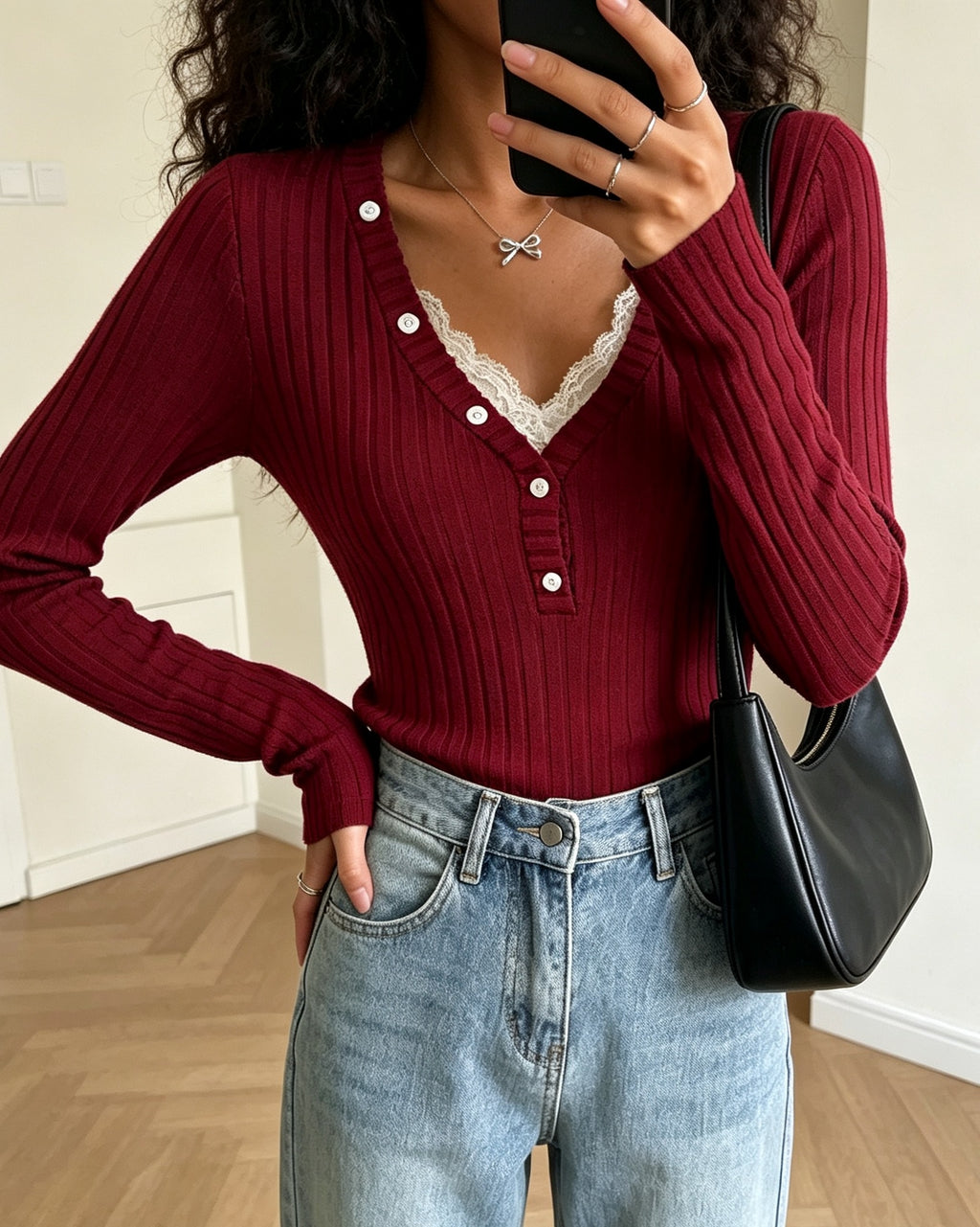 Ribbed Knit Henley Blouse With Lace Trim
