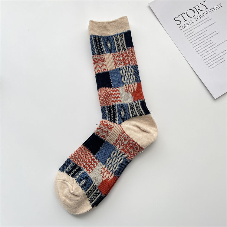 Patchwork Jacquard Vintage Crew Socks - Beige