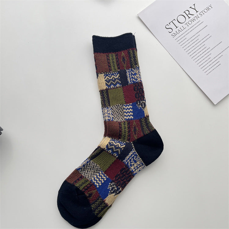 Patchwork Jacquard Vintage Crew Socks - Black