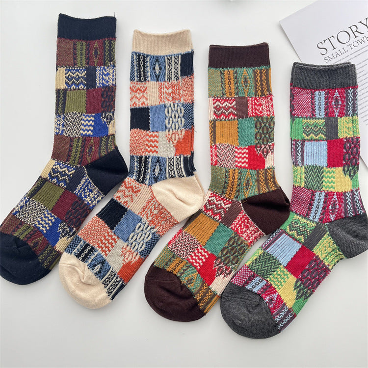 Patchwork Jacquard Vintage Crew Socks - Coffee