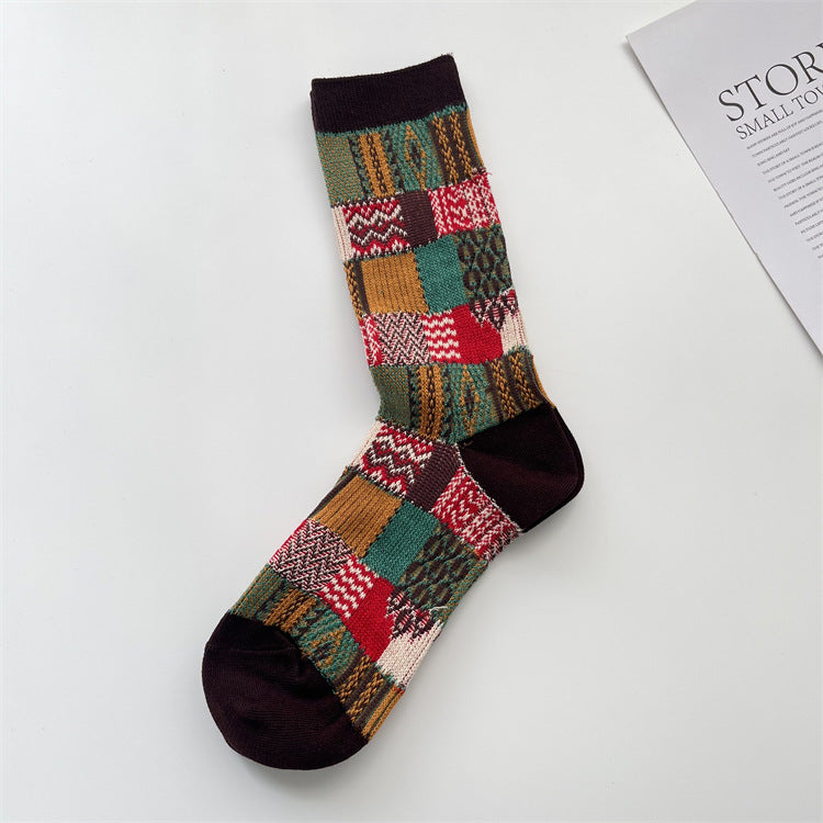 Patchwork Jacquard Vintage Crew Socks - Coffee - 1